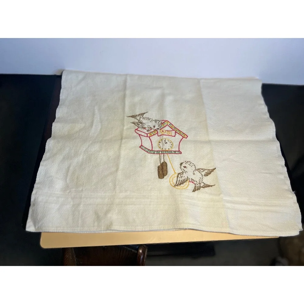 Vintage Hand Embroidered Tea Towel Birds Cuckoo Clock Cattails White Cotton